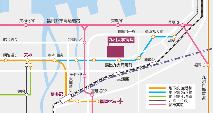 九州大学病院までの地図